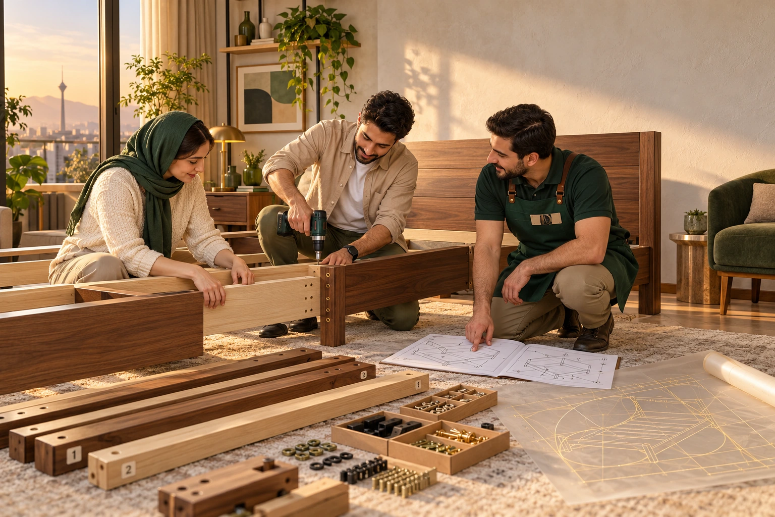 تصویر مفهومی مونتاژ تخت در خانه با همراهی متخصص، نقشه و یراقآلات