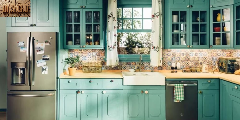 کابینت سبز پاستیلی و چوب